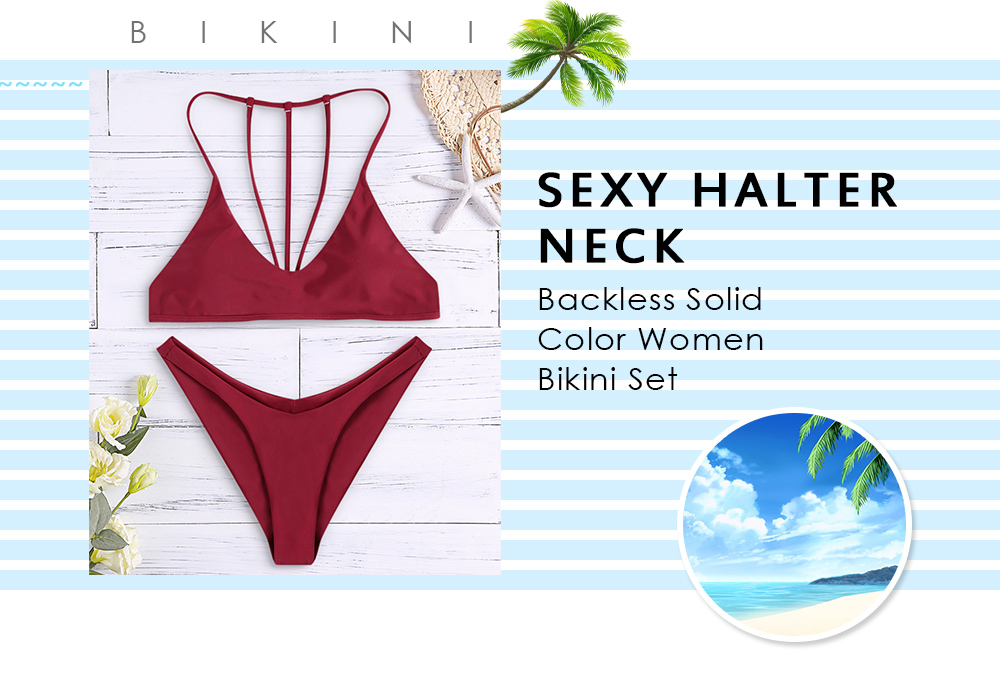 Sexy Halter Neck Backless Padded Solid Color Women Bikini Set