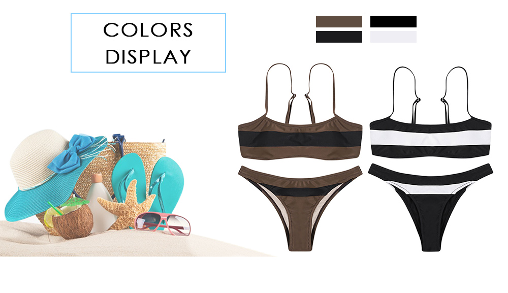 Sexy Spaghetti Strap Color Blocking Striped Print Women Bikini Set