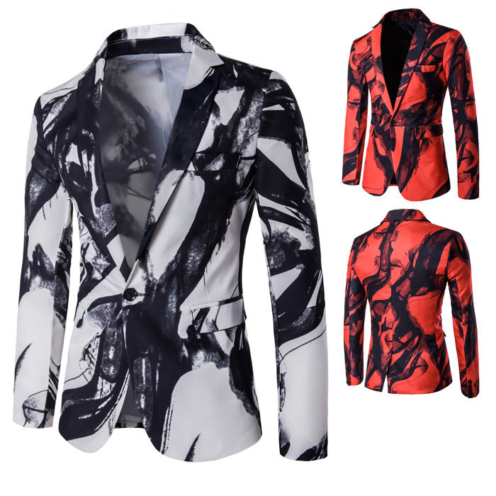 Chinese Style Ink Painting Print One Button Pocket Blazer