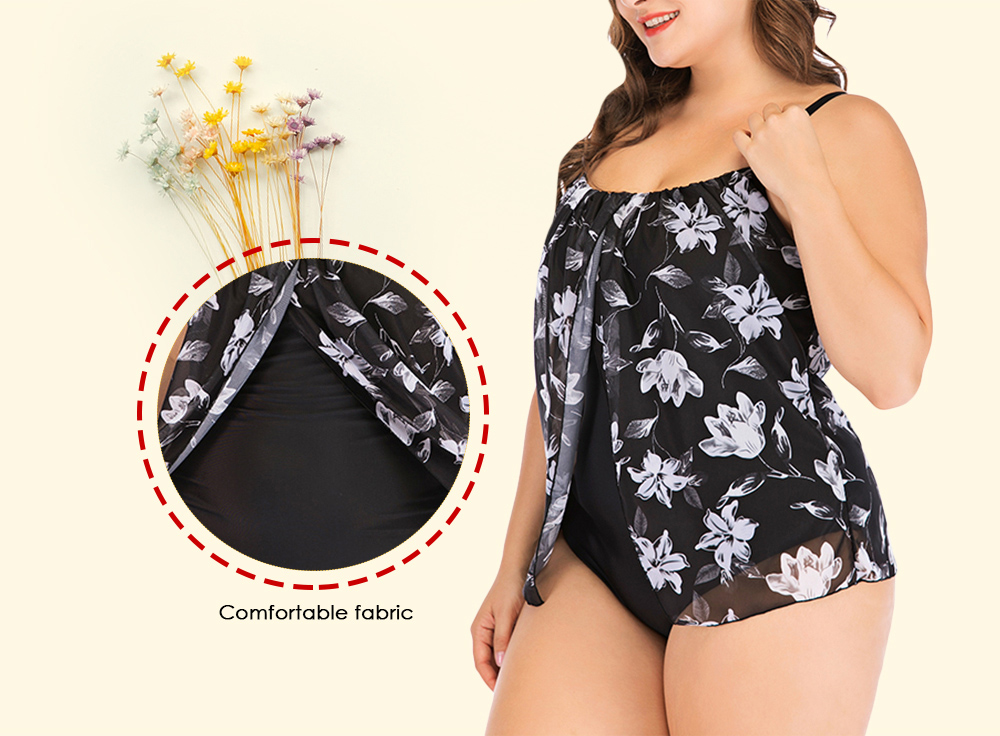 Sexy Spaghetti Strap Floral Mesh Overlay Padded Plus Size Women Swimsuit