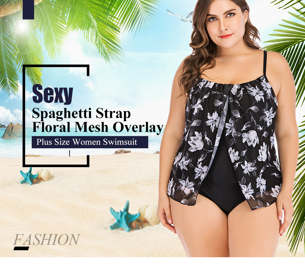 Sexy Spaghetti Strap Floral Mesh Overlay Padded Plus Size Women Swimsuit