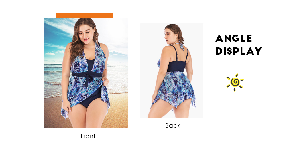 Plus Size Print Tankini Faux Two Halter Women Swimsuit