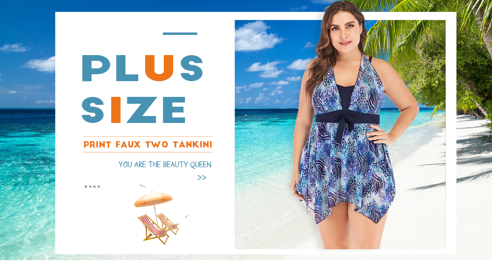 Plus Size Print Tankini Faux Two Halter Women Swimsuit