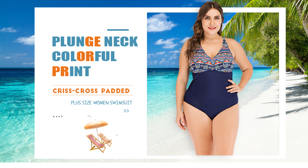 Plunge Neck Sleeveless Colorful Print Criss-cross Padded Plus Size Women Swimsuit