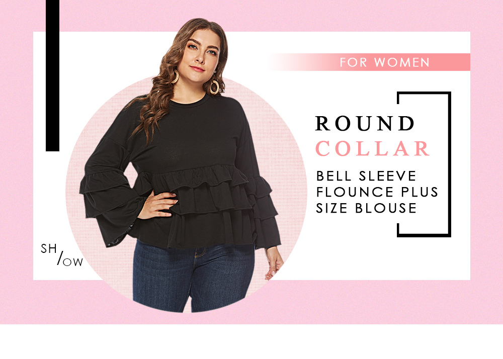 Round Collar Long Bell Sleeve Flounce Layered Ruffle Solid Color Plus Size Women Blouse