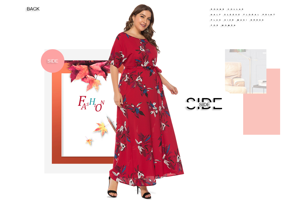 Round Collar Half Sleeve Floral Print Belted Plus Size Women Maxi Dress