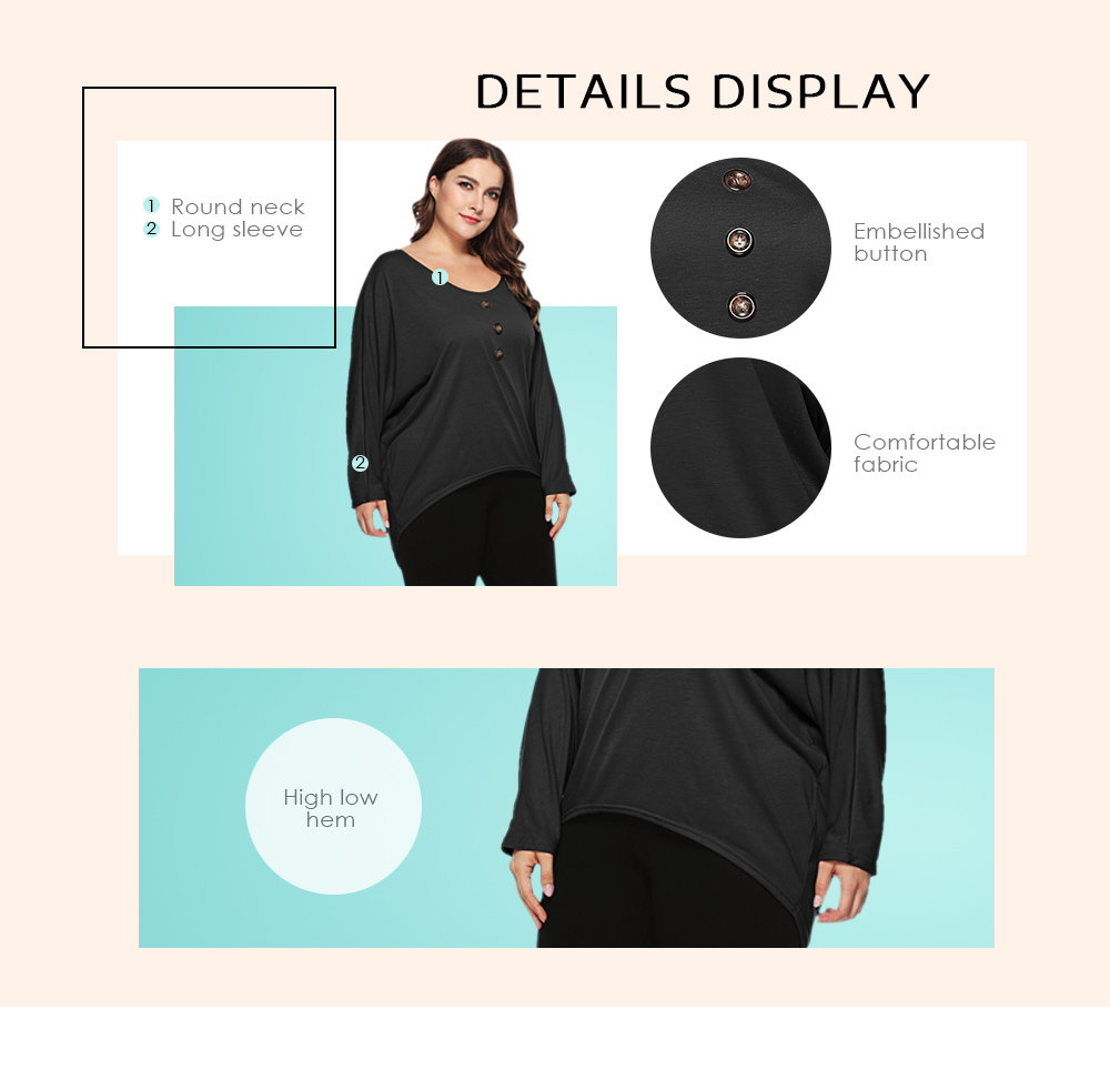Plus Size Button Embellished High Low T-shirt