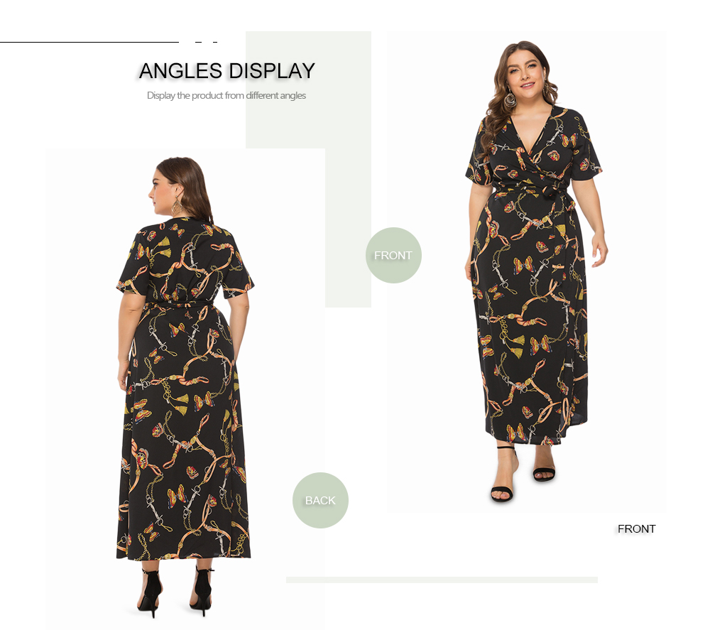 Plunge Neck Half Sleeve Print Belted Plus Size Women Maxi Wrap Dress