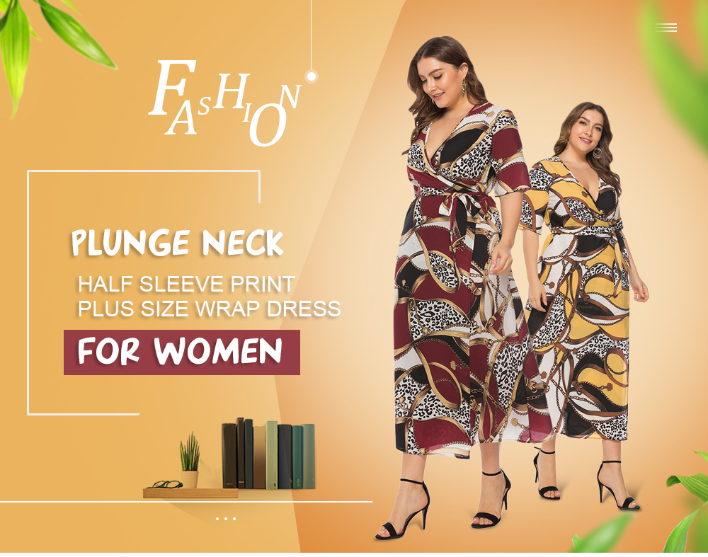 Plunge Neck Half Sleeve Leopard Print Color Blocking Plus Size Women Maxi Wrap Dress