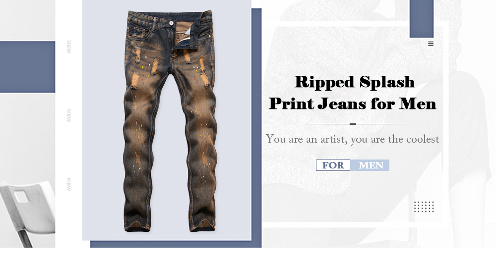 Ripped Splash Print Jeans Mid Waist Leggings for Men