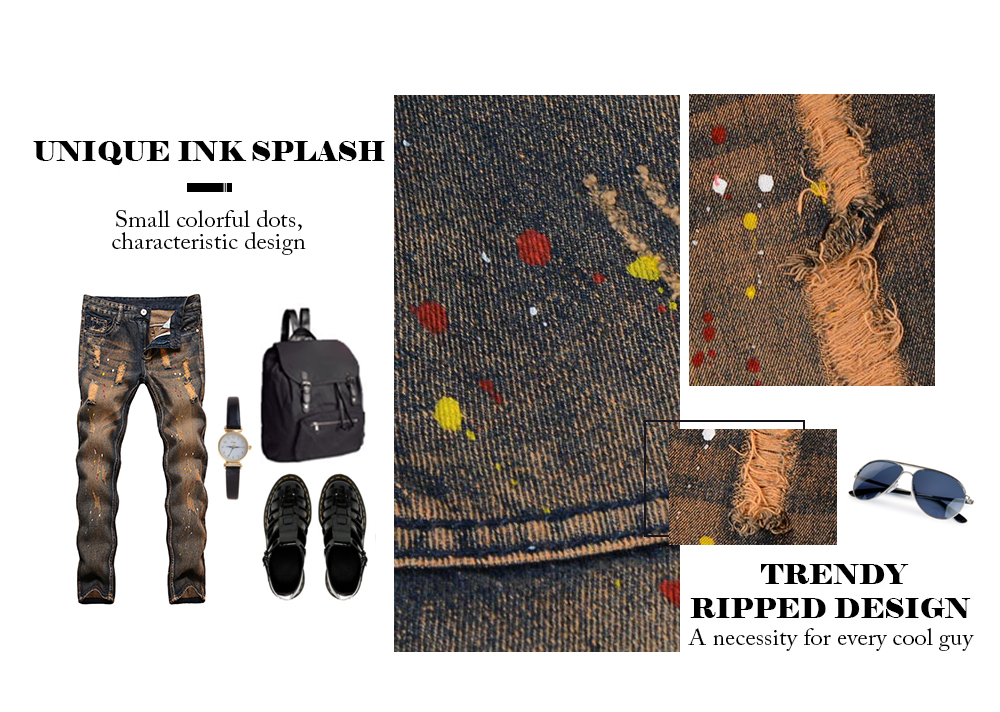 Ripped Splash Print Jeans Mid Waist Leggings for Men