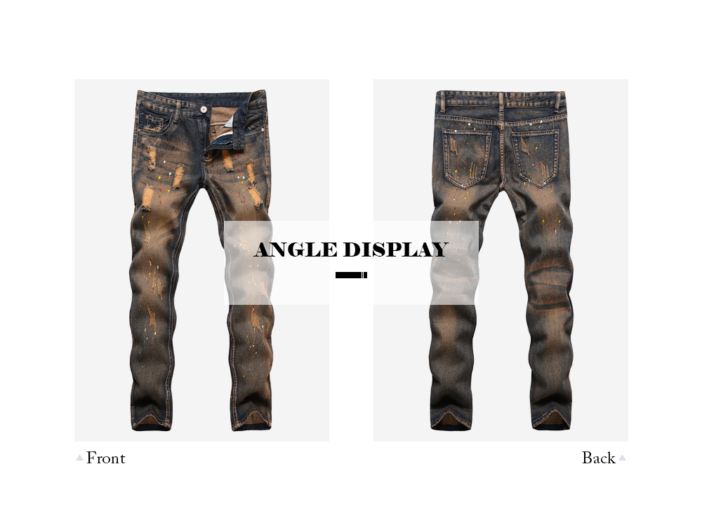 Ripped Splash Print Jeans Mid Waist Leggings for Men