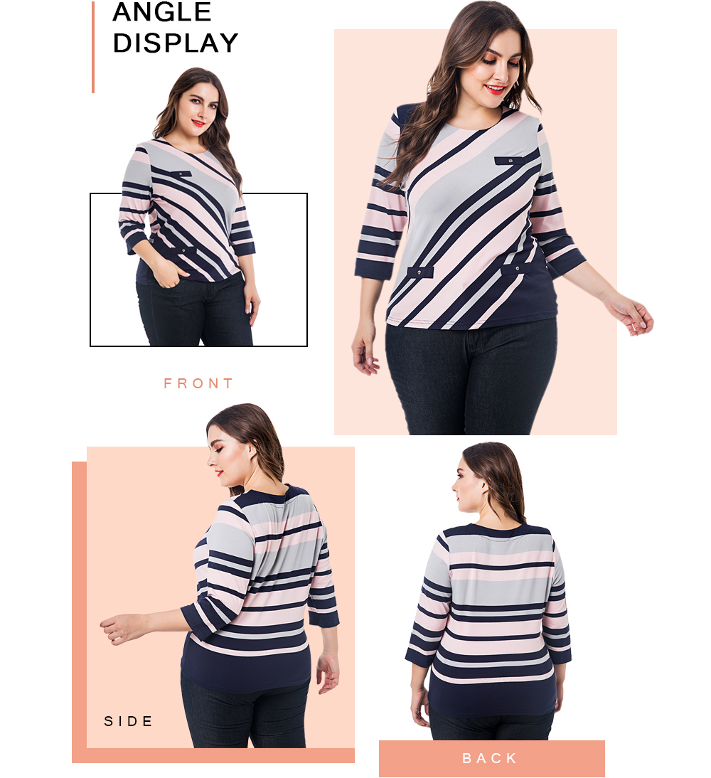 Round Collar 3/4 Sleeve Stripe Print Plus Size Blouse Women T-shirt