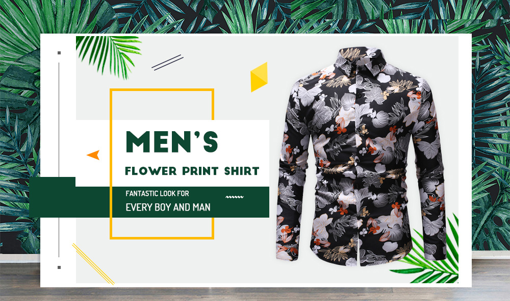 Flower Print Shirt Lapel Long Sleeves for Men