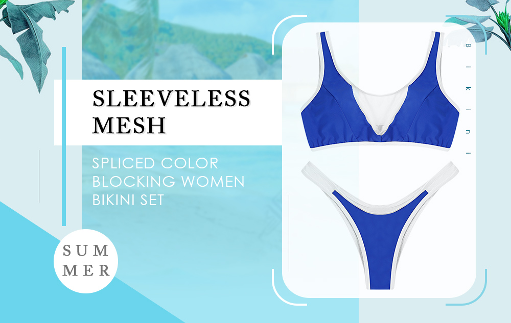 Scoop Neck Sleeveless Mesh Spliced Color Blocking Padded Women Bikini Set