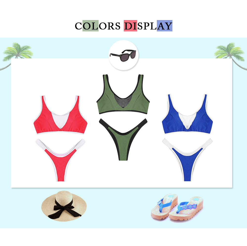 Scoop Neck Sleeveless Mesh Spliced Color Blocking Padded Women Bikini Set