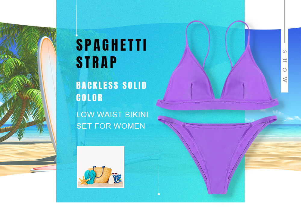 Spaghetti Strap Backless Padded Solid Color Low Waist Sexy Two-piece Women Bikini Set