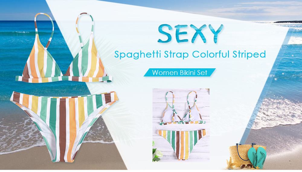 Adjustable Spaghetti Strap Backless Colorful Striped Padded Women Bikini Set