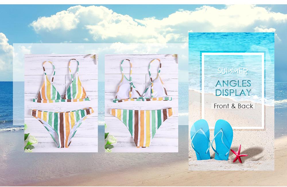 Adjustable Spaghetti Strap Backless Colorful Striped Padded Women Bikini Set