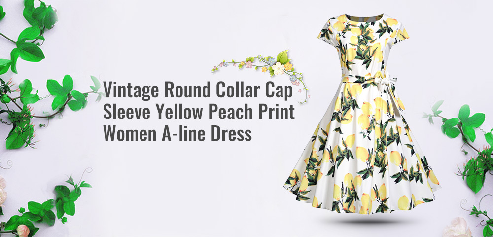 Vintage Round Collar Cap Sleeve Yellow Peach Print Zipper Women A-line Swing Dress