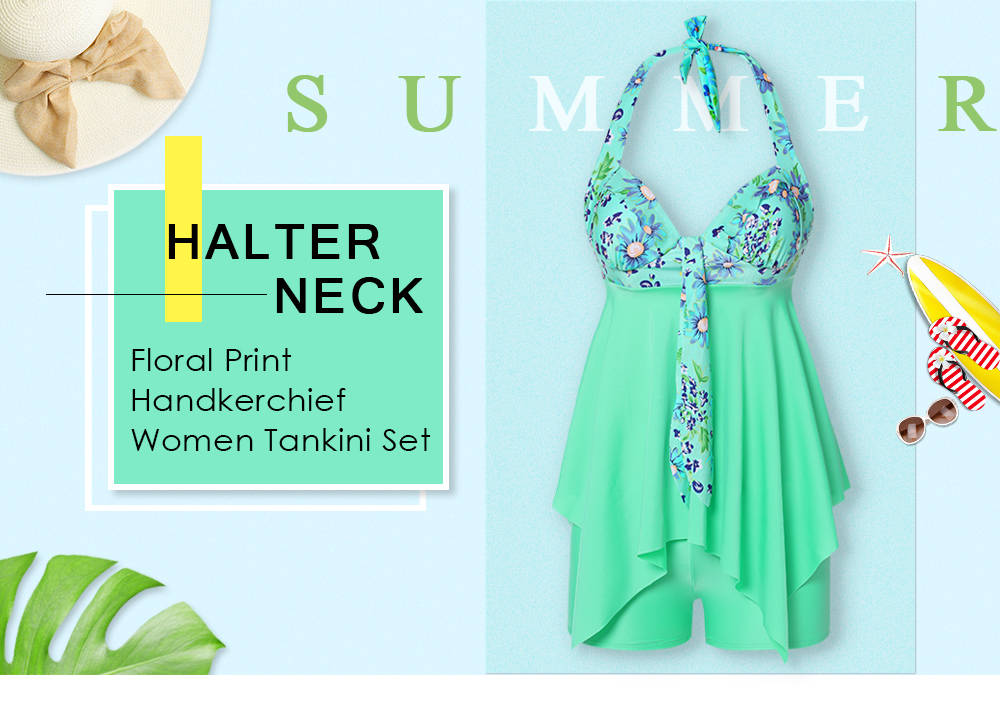 Halter Neck Floral Print Padded Handkerchief Knotted Mid Waist Women Tankini Set