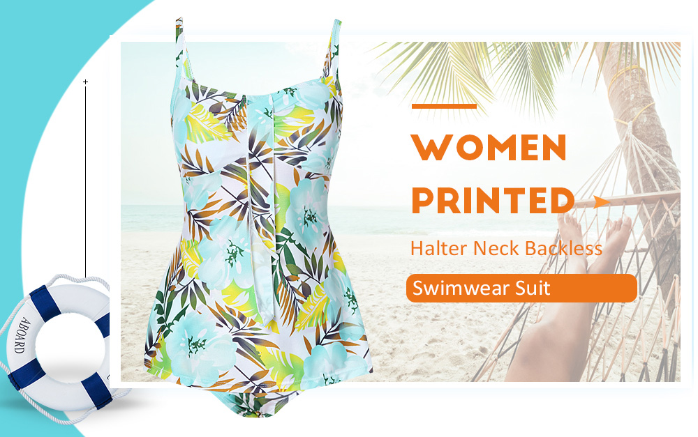 Women Printed Halter Neck Backless Two-piece Swimwear Suit