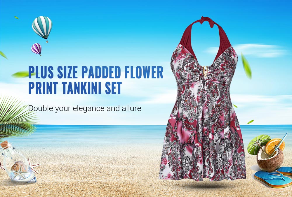 Plus Size Padded Flower Print Tankini Set Women Swimsuit