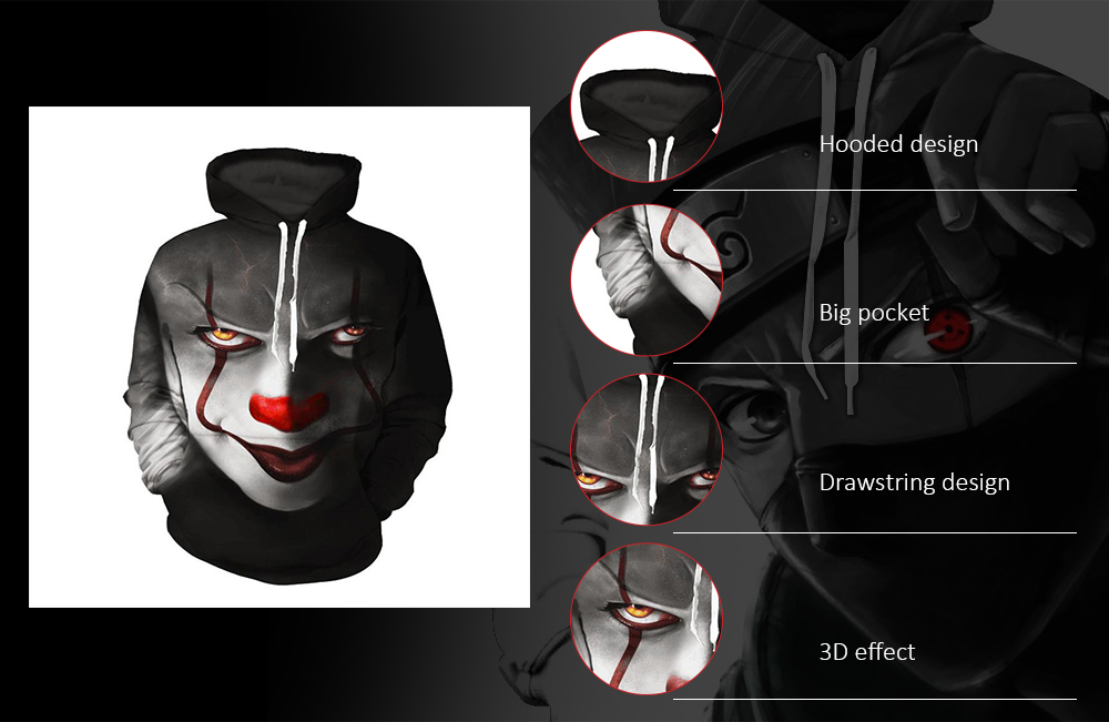 Men's Clown 3D Printed Loose Hooded Pullover Hoodie