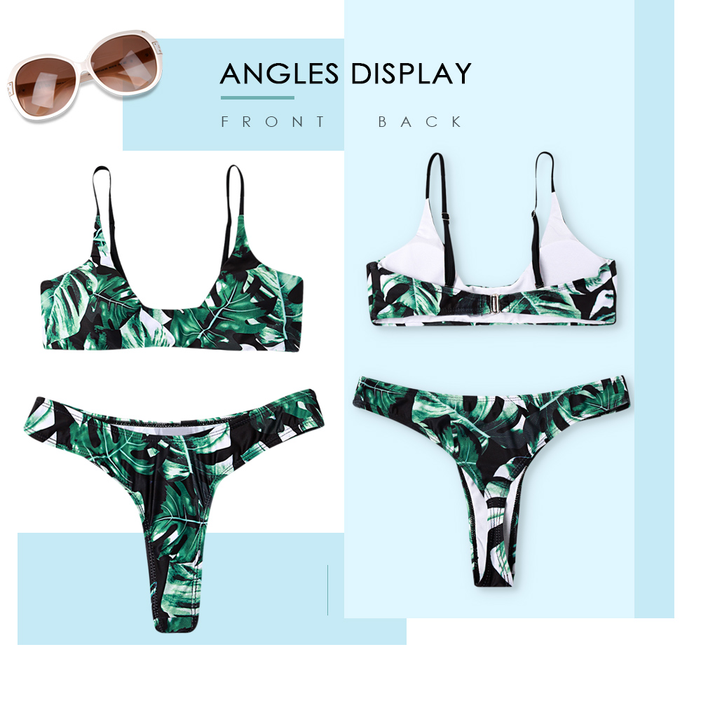 Green Leaf Print Straps Padded Low Waist Two Piece Bikini Swimwear for Women