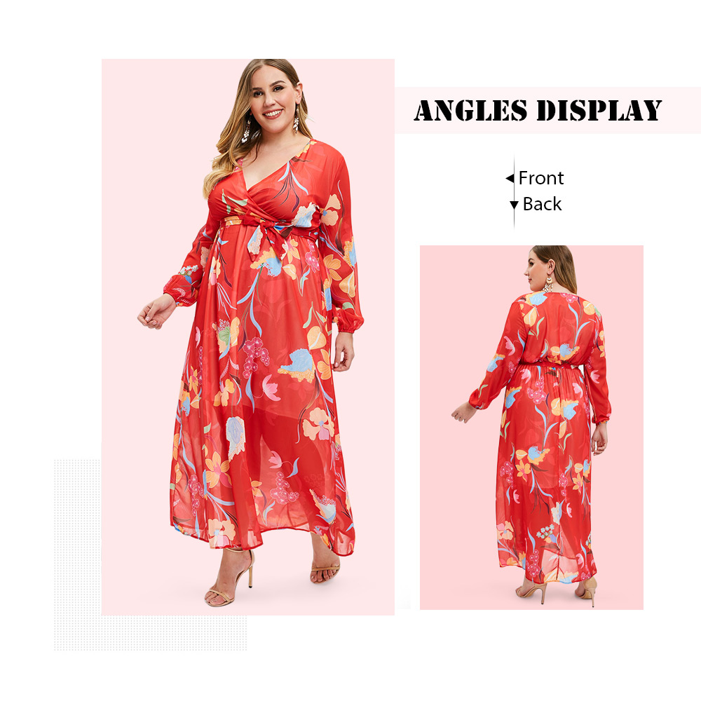 Plus Size Floral Print High Waist Wrap Dress