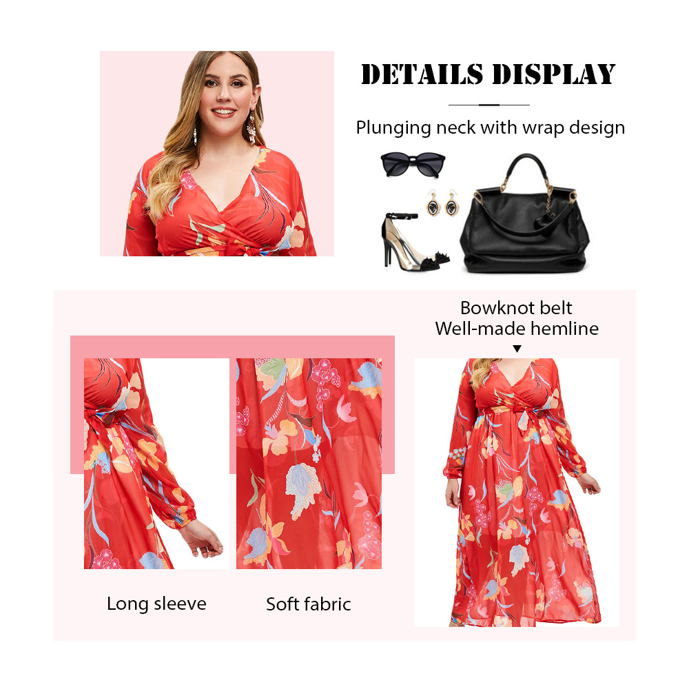 Plus Size Floral Print High Waist Wrap Dress