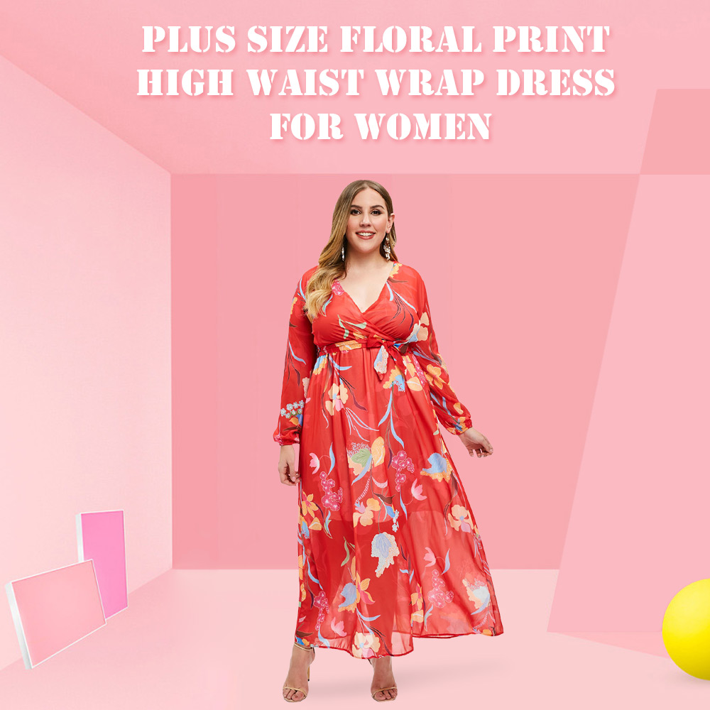 Plus Size Floral Print High Waist Wrap Dress