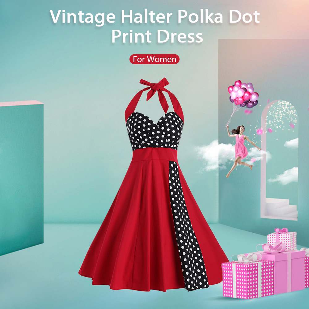 Vintage Halter Polka Dot Print Dress