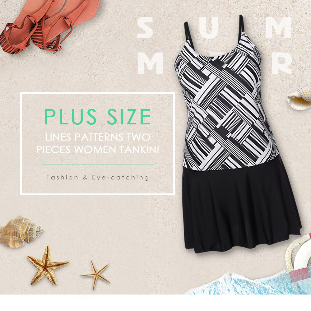Plus Size Lines Patterns Straps Board-shorts Two Pieces Women Tankini