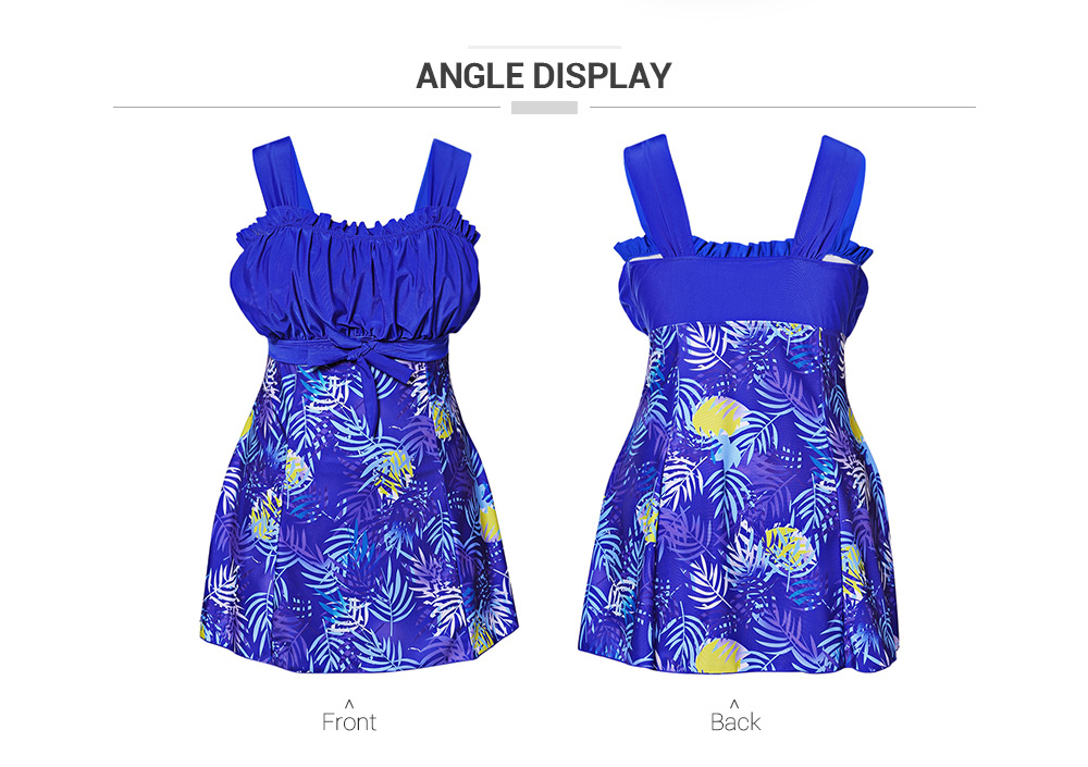 Shoulder Strap Sleeveless Leaf Print Ruffle Padded Mid Waist Plus Size Women Tankini Set