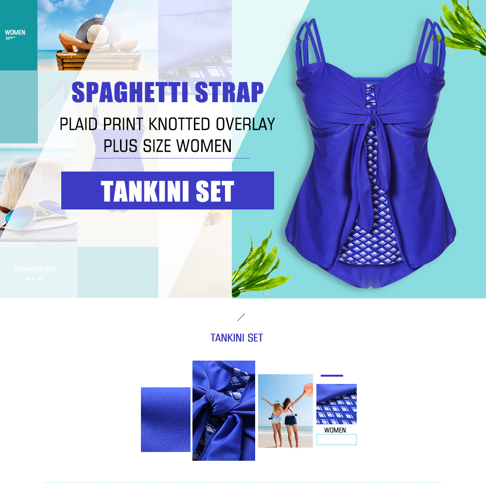 Spaghetti Strap Knotted Overlay Plaid Print Padded Plus Size Women Tankini Set