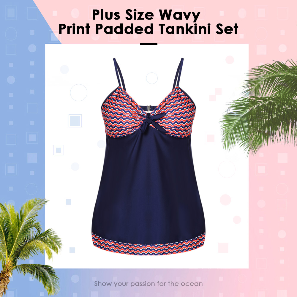 Plus Size Geometric Wavy Print Padded Tankini Set Women Swimsuit