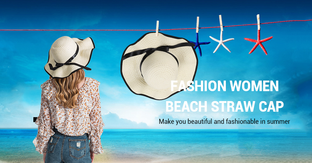 Summer Sun Hat Women Large Brimmed Beach Straw Travel Cap with Bow