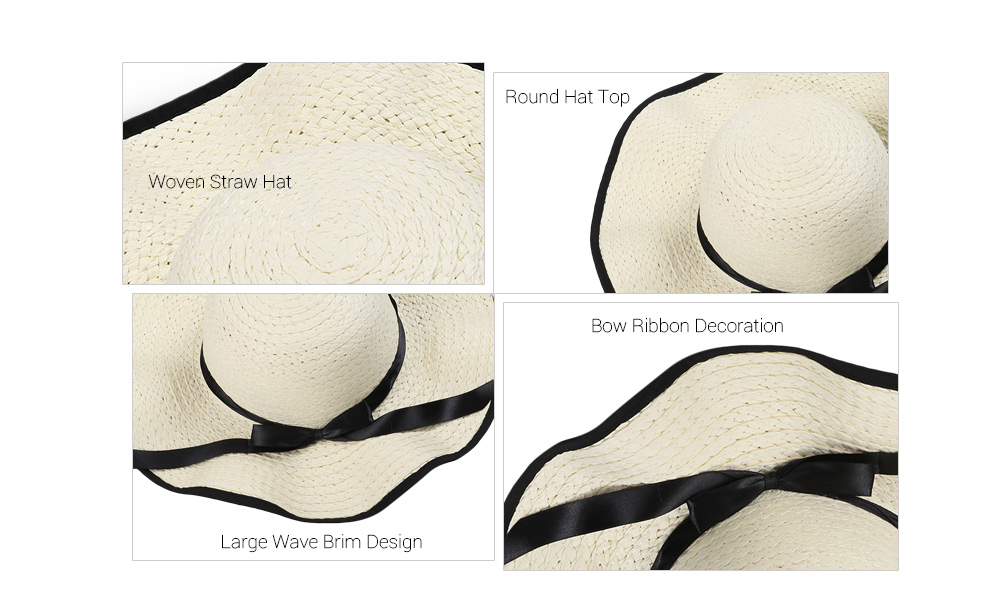 Summer Sun Hat Women Large Brimmed Beach Straw Travel Cap with Bow