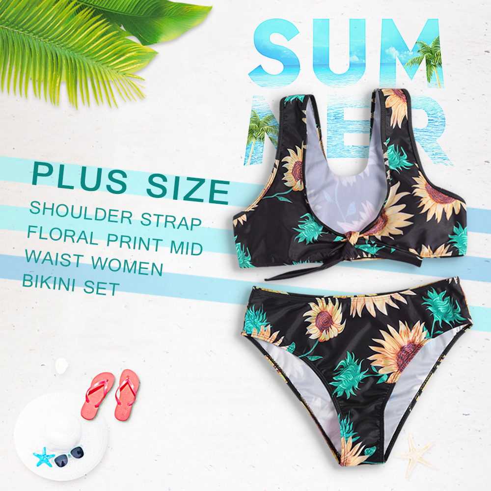 Plus Size Shoulder Strap Floral Print Padded Tied Racer Back Mid Waist Women Bikini Set