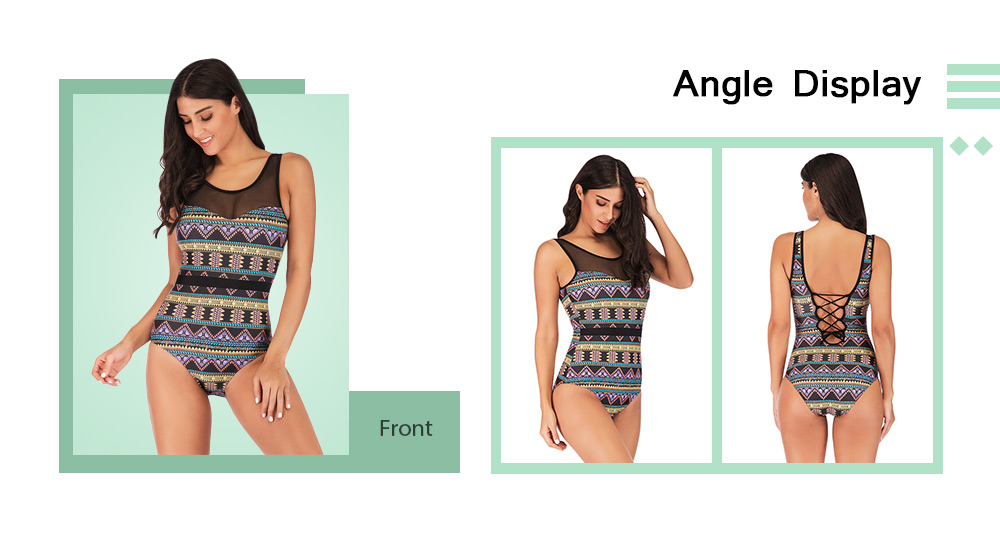 Round Collar Backless Padded Spliced Mesh Print Women Swimsuit