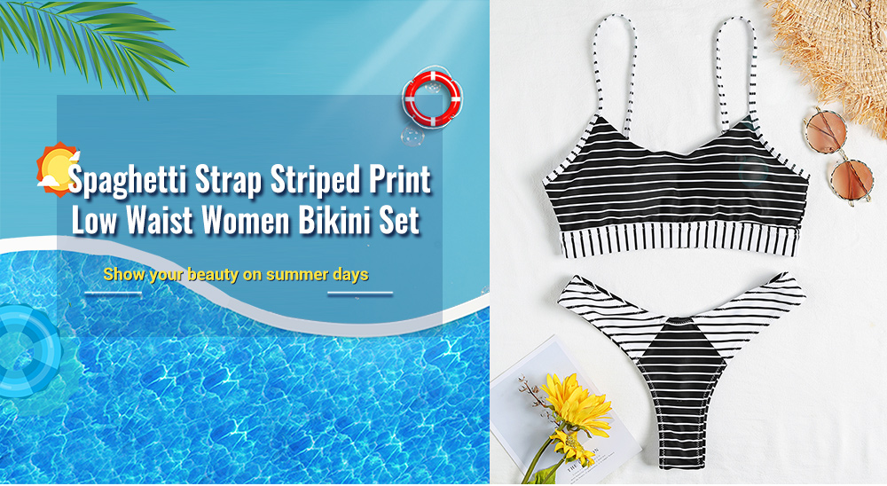 Sexy Spaghetti Strap Color Blocking Striped Print Padded Backless Low Waist Women Bikini Set