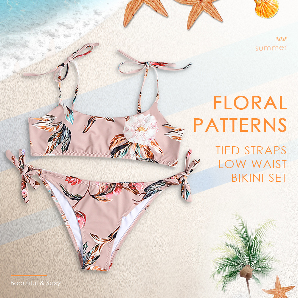 CharMma Floral Pattern Strap Side Tied Padded Low Waist Bikini Set for Women