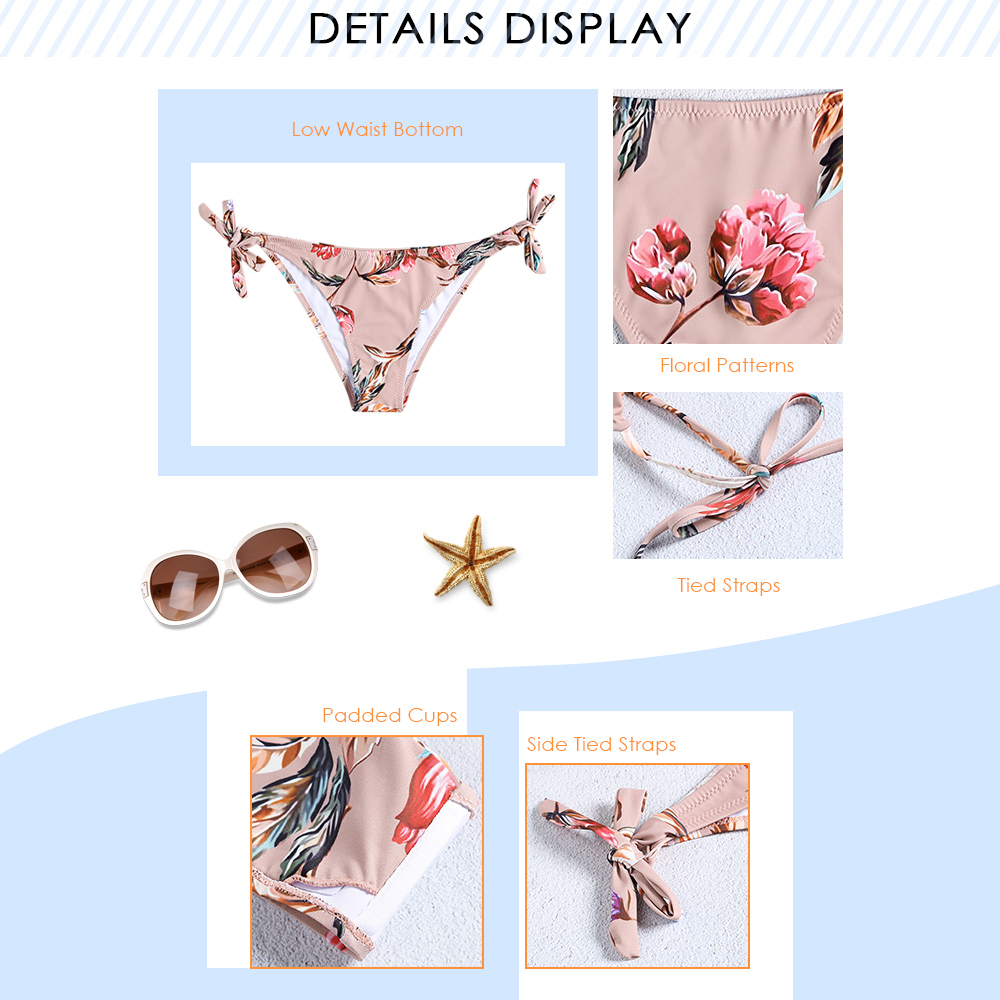 CharMma Floral Pattern Strap Side Tied Padded Low Waist Bikini Set for Women