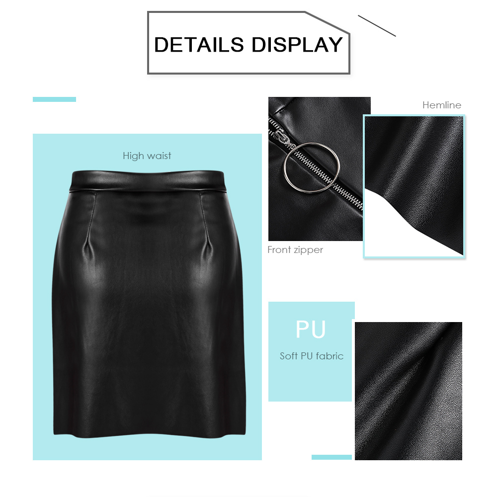 High Waist Solid Color Front Zip PU Women Skirt