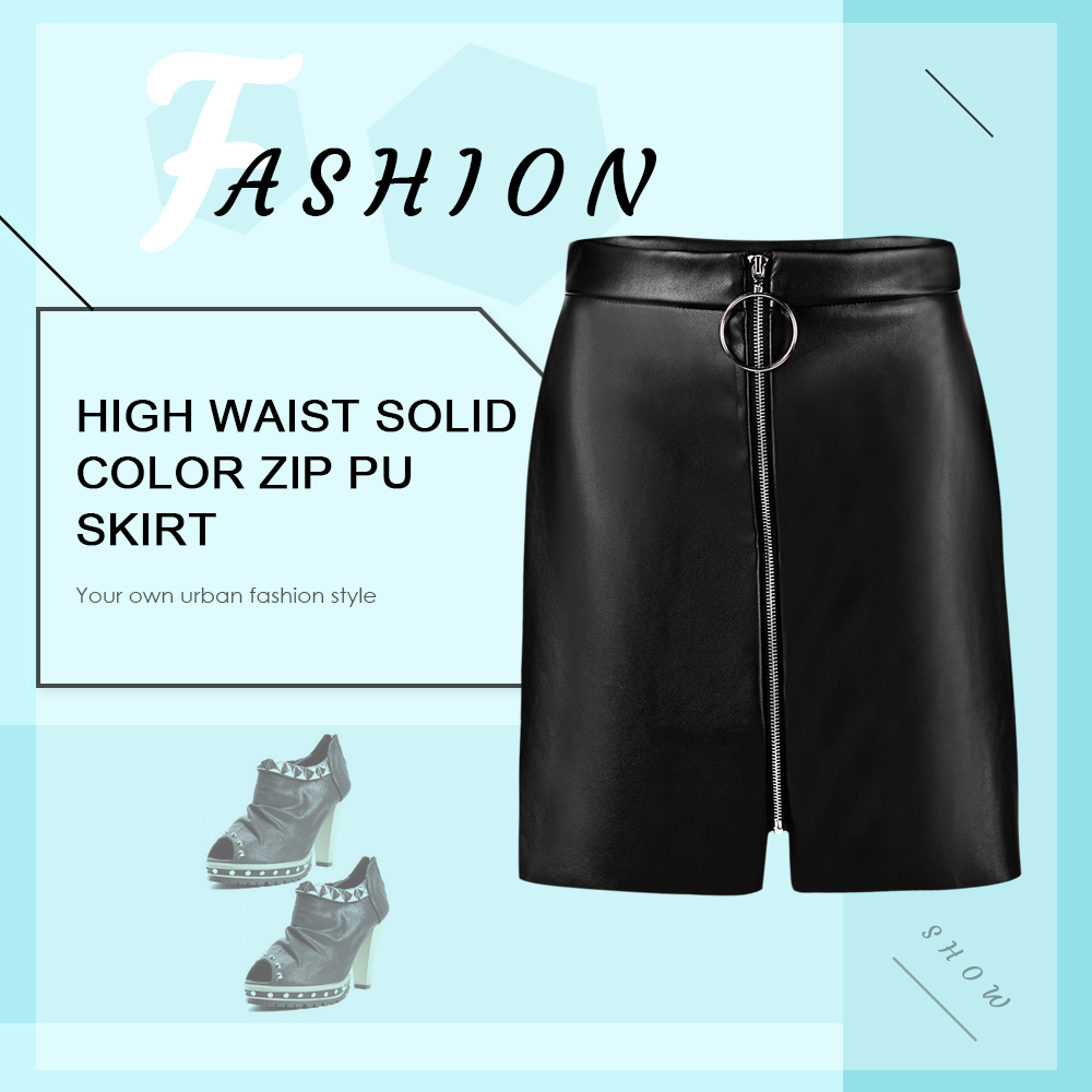 High Waist Solid Color Front Zip PU Women Skirt