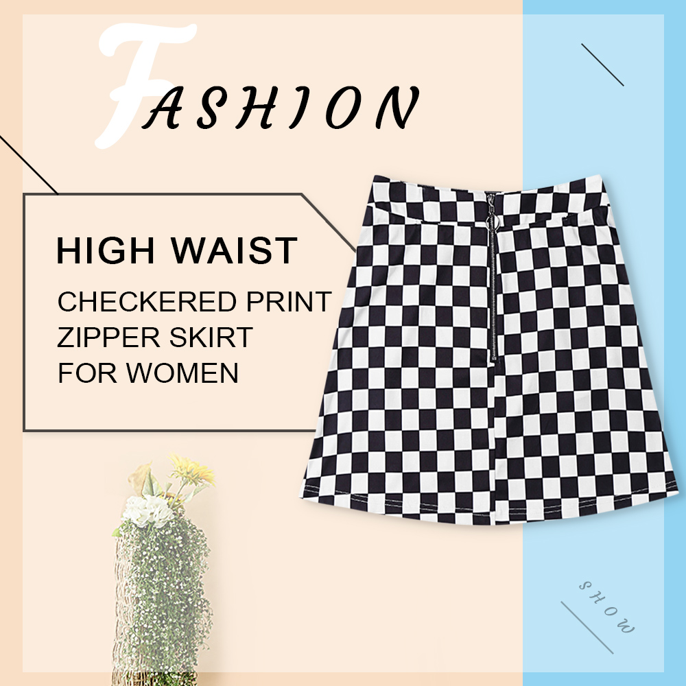 High Waist Checkered Print Zipper Women Skirt