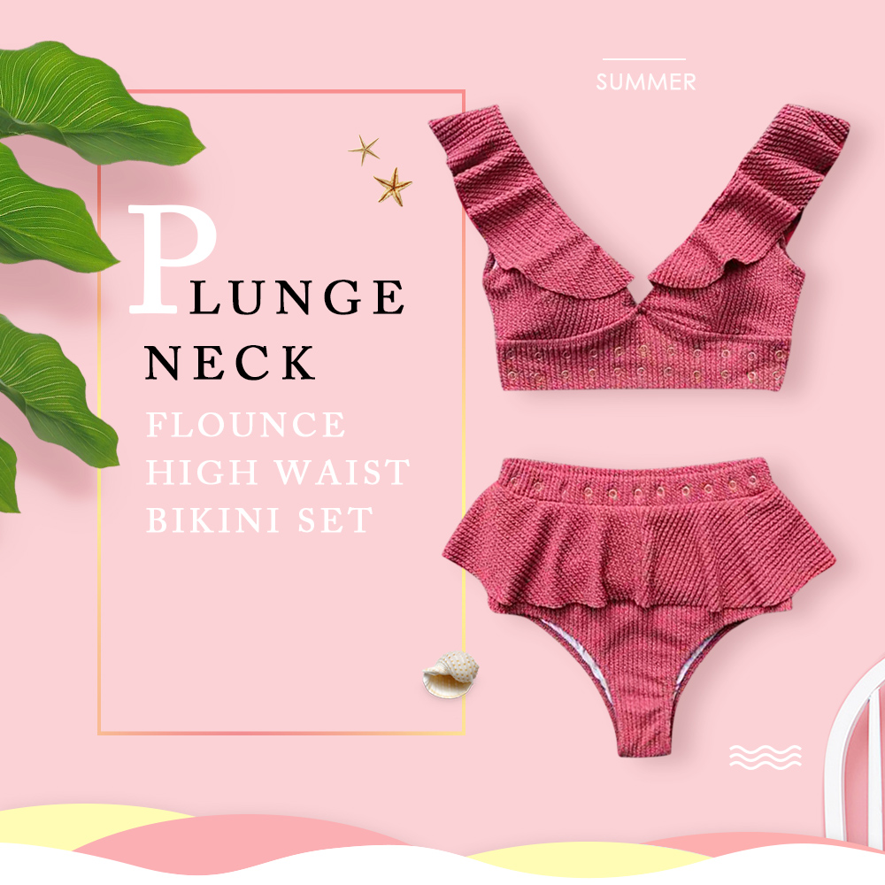 Plunge Neck Padded Backless Flounce High Waist Two-piece Women Bikini Set