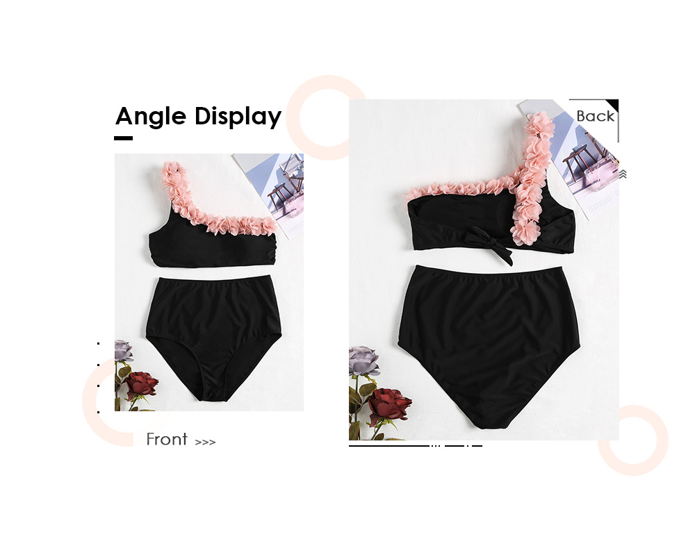 One Shoulder Tied Strap Backless Padded Flower Design High Waist Women Bikini Set