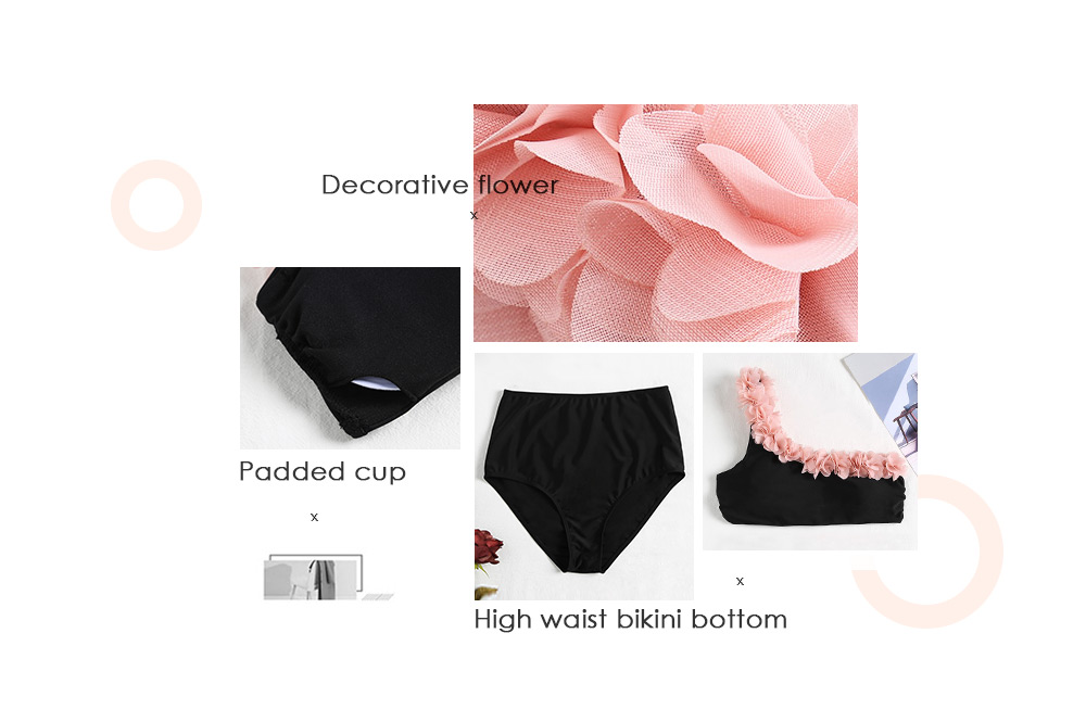 One Shoulder Tied Strap Backless Padded Flower Design High Waist Women Bikini Set